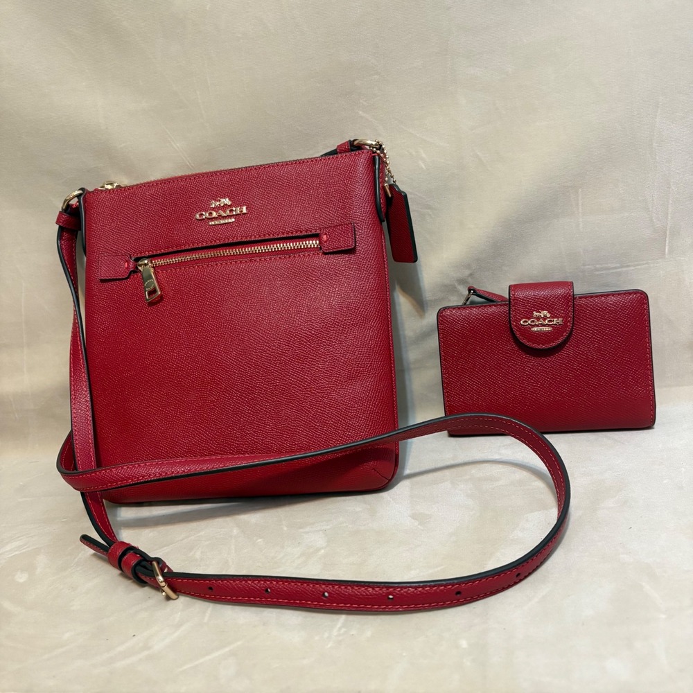 Coach Mini Rowan File Red crossgrain leather, with wallet, preowned.